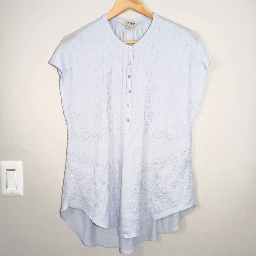 Lucky Brand Crochet Front Button Short Sleeve Blue Size S Blouse